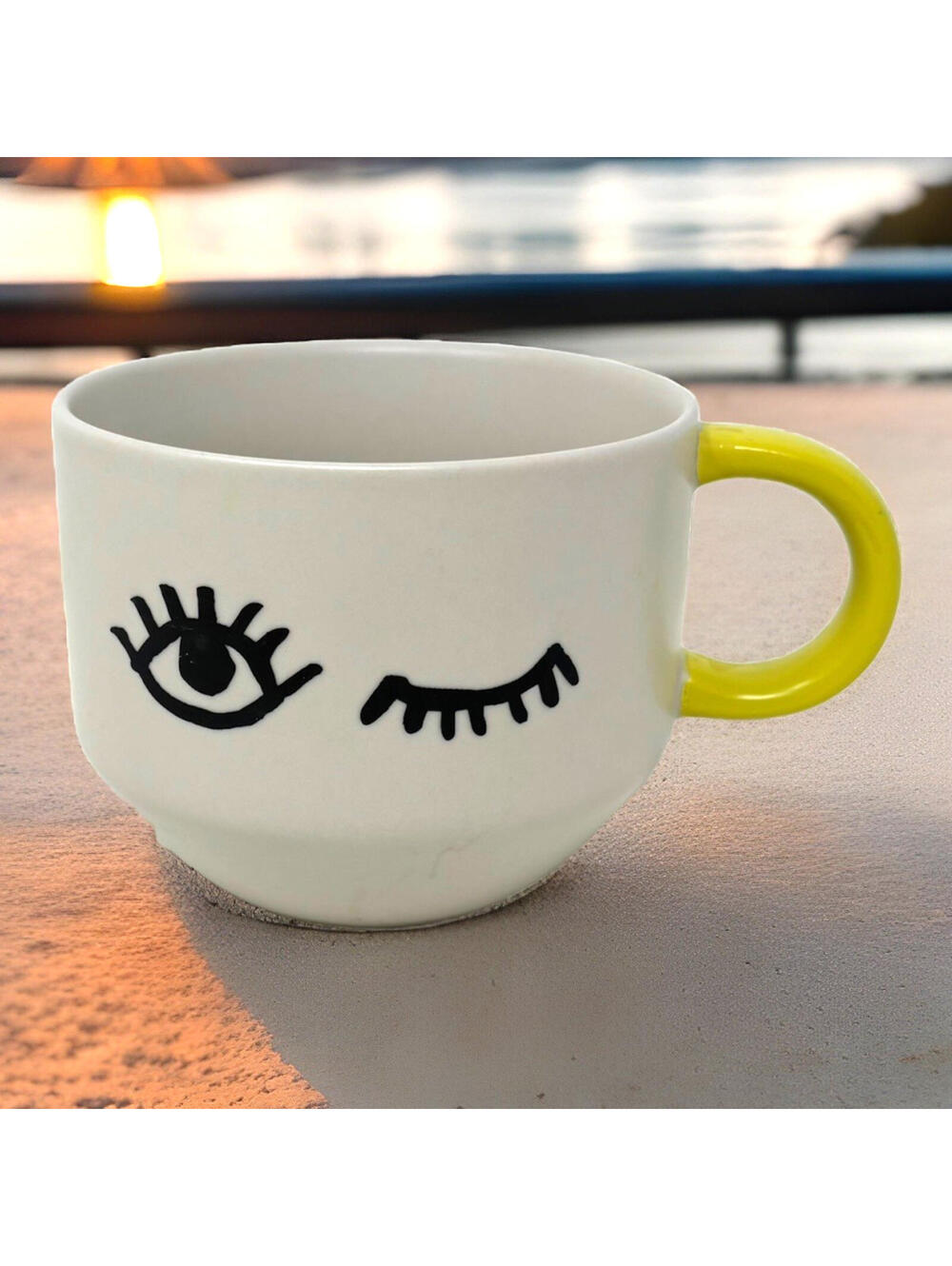 Starbucks 2017 Wink Eye Ceramic Mug with Yellow Handle 14 oz Coffee Cup EUC